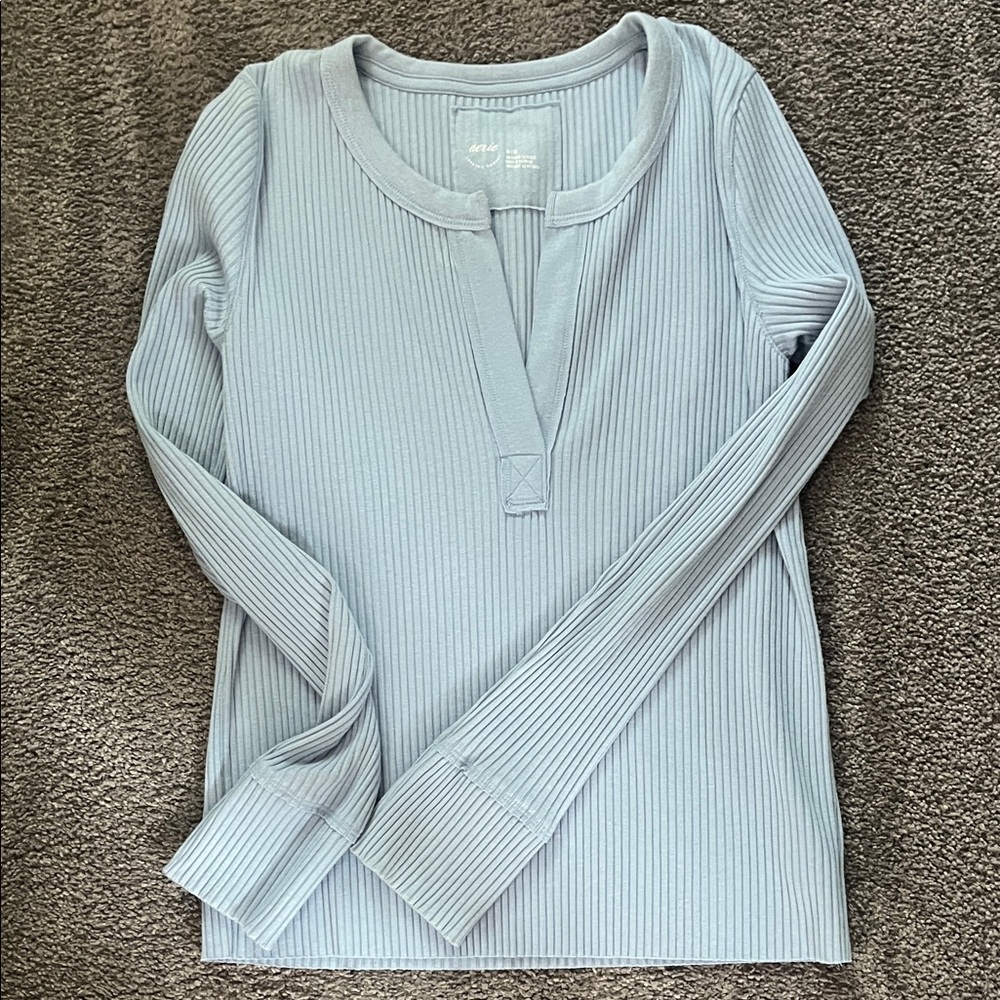 American Eagle Baby Blue Ribbed Long Sleeve V Neck Top
